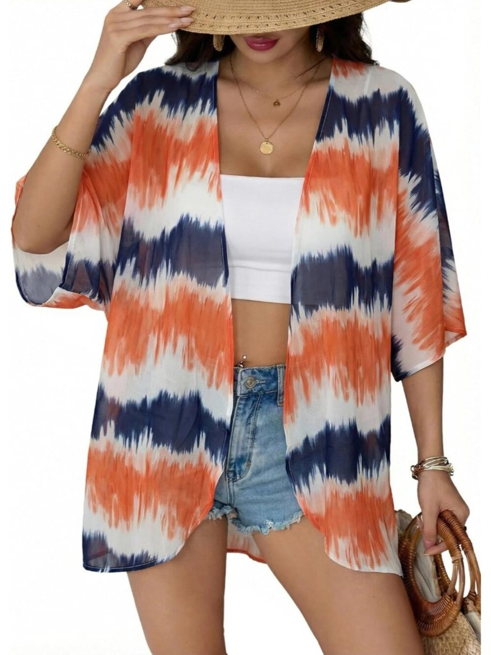 Women's Orange Chiffon Kimono Cardigan Open Front Blouse Swimwear Cover Up